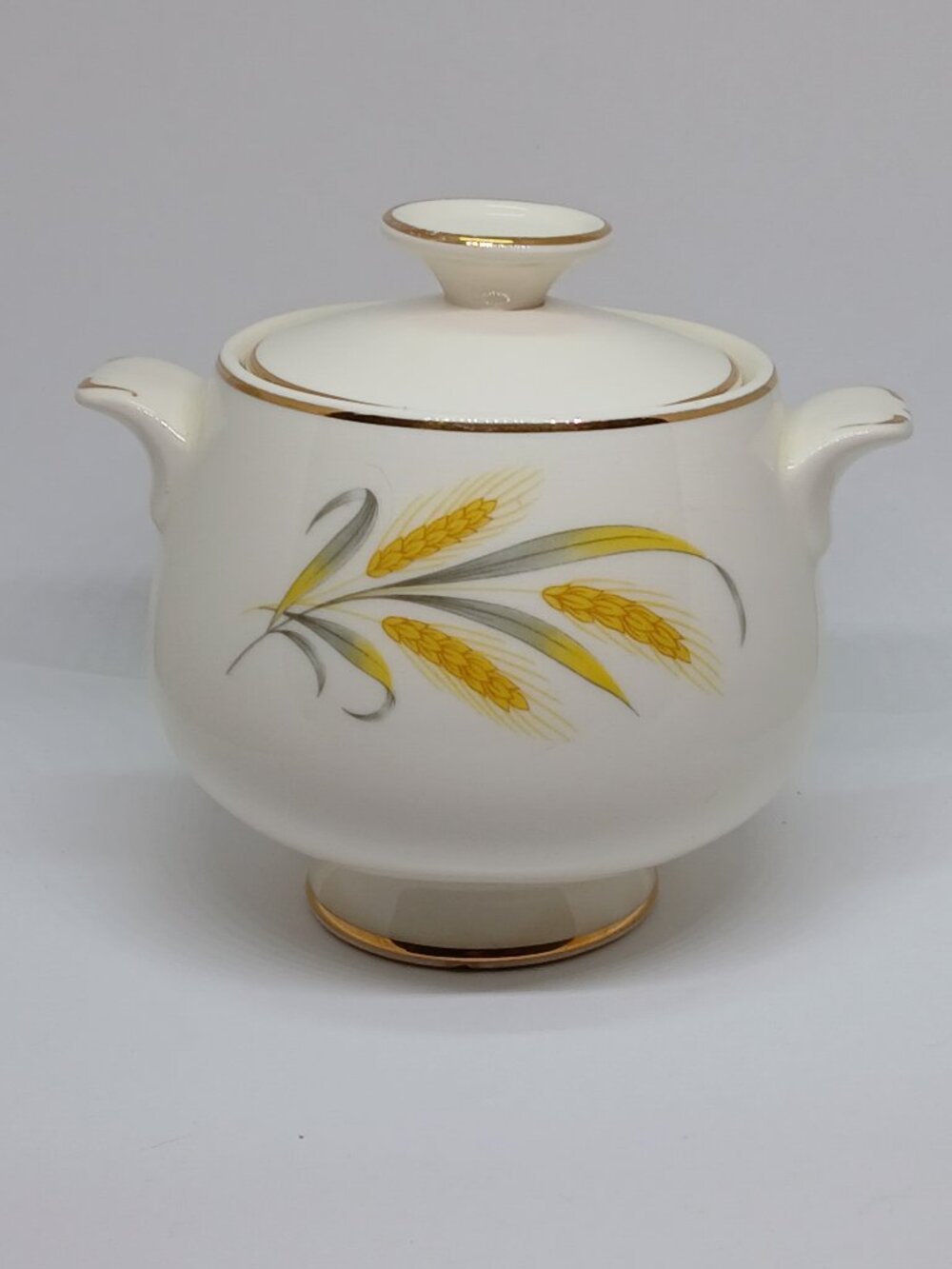 VINTAGE CERAMIC SUGAR BOWL MID-CENTURY GOLD TRIMMED WHEAT MOTIF
